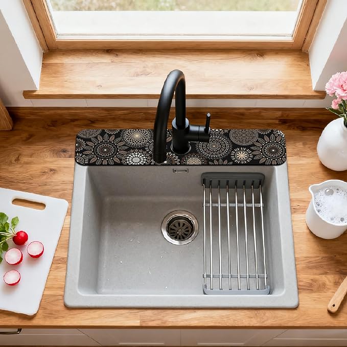 2 Pcs Kitchen Sink Splash Guard Faucet Mats Mandala Pattern Faucet Mat for Sinks Leaves Absorbing Drying Mat for Kitchen Bathroom, 23.6x5.5inch