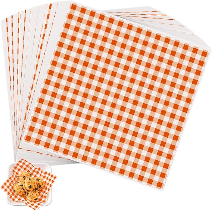 100pcs Waxed Deli Paper Sheets, 7x7" Food Basket Liners for Sandwiches, Burgers. Classic Checkered Deli Wrap Wax Paper Sheets by Neyimqr (Orange)