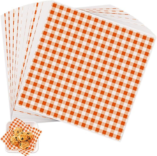 100pcs Waxed Deli Paper Sheets, 7x7" Food Basket Liners for Sandwiches, Burgers. Classic Checkered Deli Wrap Wax Paper Sheets by Neyimqr (Orange)