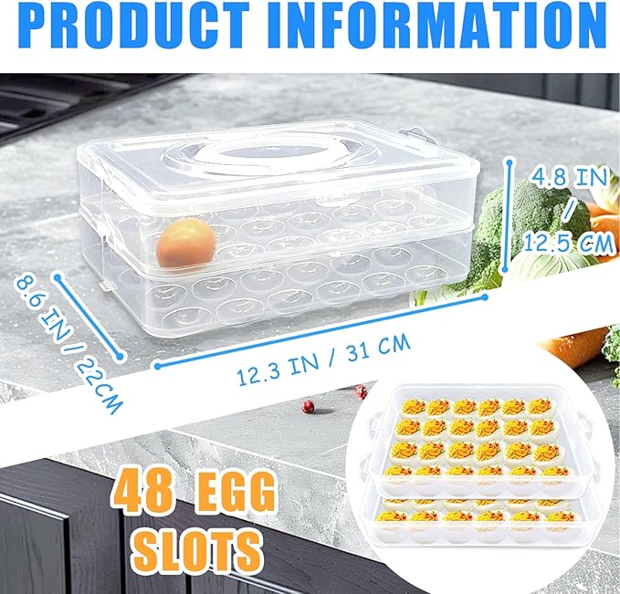 2 Layers Deviled Egg Containers with Lid,48 Slots Deviled Eggs Holder with Handle,Plastic Egg Tray,Portable Egg Storage Carrier Platter for Easter,Thanksgiving Day,Party,Picnic