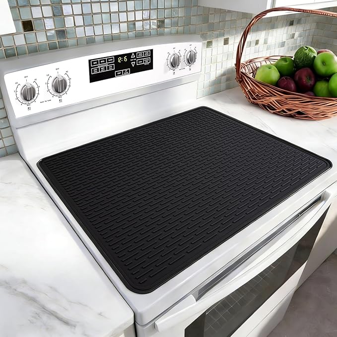 LONGKING Stove Top Cover for Electric Stove - Silicone Stove Mat for Glass Top Stove, Glass Cooktop Protector, Dish Drying Mats For Kitchen, Range Covers for Electric Stove (Black, 28 x 20)