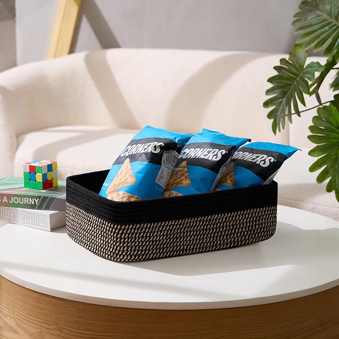 MiniArk Large Shallow Organizing Baskets 15x11x5.1 Inches - Rope Woven Storage Bins for Bathroom, Shelves, Cube Closet, Black Woven Brown 2 Packs