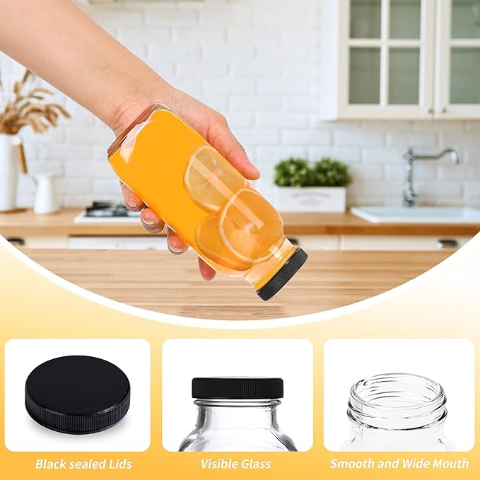 16 Oz Glass Juice Bottles with Lids 6 Set - 360ml Glass Bottles for Juicing - Reusable Juicing Bottles Glass Drinking Jars Containers for Juicing(12fl.oz, Set of 6)