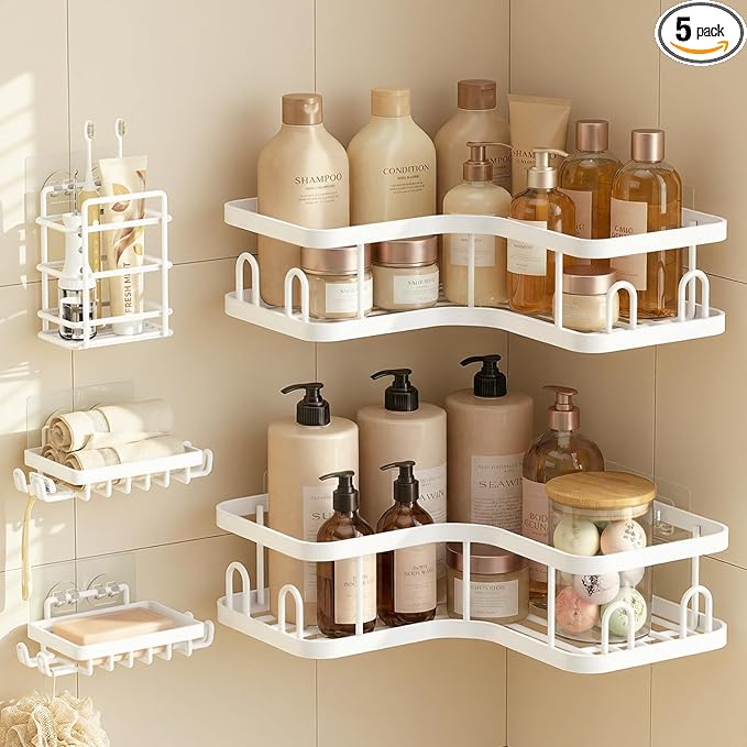 Veken Corner Shower Caddy 5-Pack, Advanced Rustproof Design, No Drilling Adhesive Shelves, Rack with Soap Holder, Large Capacity Bathroom Organizers and Storage, Wall-Mounted Kitchen&Home Decor,White