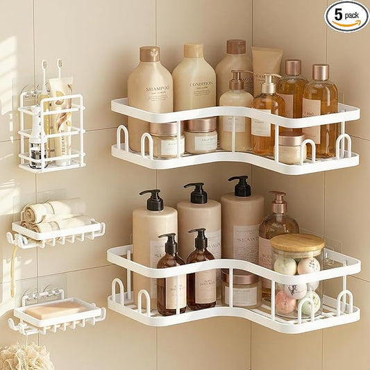 Veken Corner Shower Caddy 5-Pack, Advanced Rustproof Design, No Drilling Adhesive Shelves, Rack with Soap Holder, Large Capacity Bathroom Organizers and Storage, Wall-Mounted Kitchen&Home Decor,White