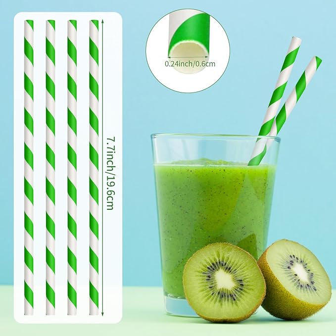 100 Packs Green Biodegradable Striped Paper Straws, Disposable Drinking Straws for Birthday Carnival Summer Pool Party Wedding Baby Shower Halloween Christmas Party Decoration Supplies