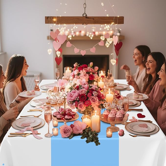 Smiry Plastic Table Cloth Disposable 5 Pack, 54 x 108 Inch Rectangle Waterproof Tablecloth, Printed Gold Table Runner Style for Birthday Weeding, Party, Leakproof & Sturdy, White and Baby Blue