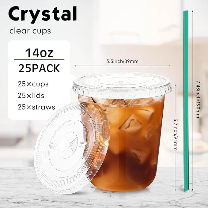 Baderke 25 Set Plastic Cups with Lids and Straws, Disposable Plastic Iced Coffee Cup for Cold Beverage Juice Smoothie Crystal for Coffee Shops Party Catering(Clear,14 oz)
