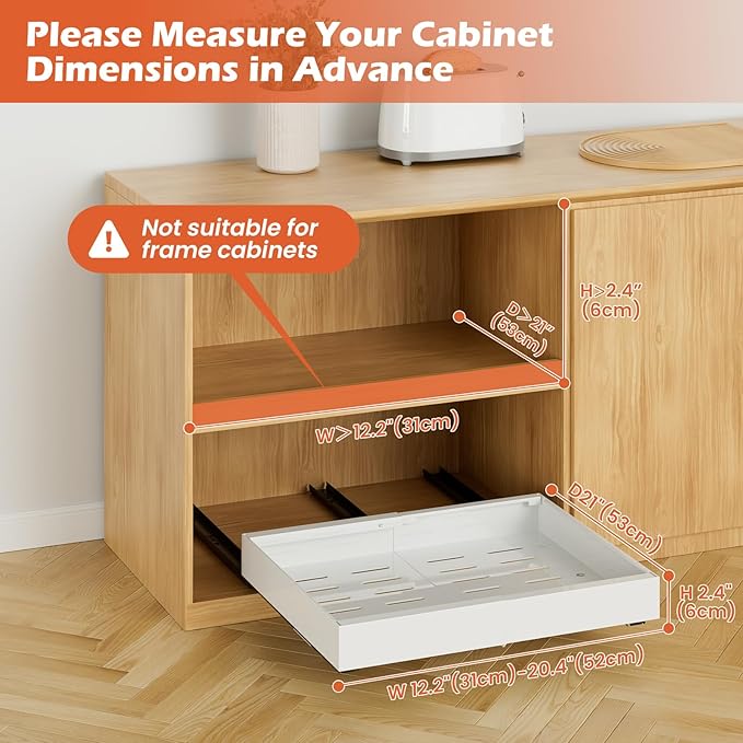lockincar 2 Pack Expandable Pull Out Cabinet Organizer 21" Deep, Adjustable Width 12.2"-20.4" Slide Out Drawers & Roll Out Shelves for Kitchen Cabinets, Easy Install with Double-Sided Adhesive, White