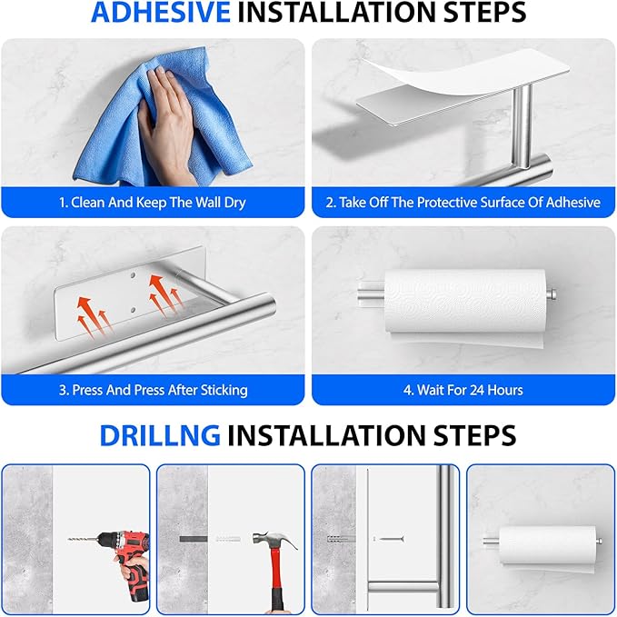 Paper Towel Holder Under Cabinet, Self-Adhesive,No Drilling, Stainless Steel, Wall-Mounted for Kitchen and Bathroom, Easy Install, Durable, Space-Saving, Ideal for Home, RV (Sliver, 1 Pack)