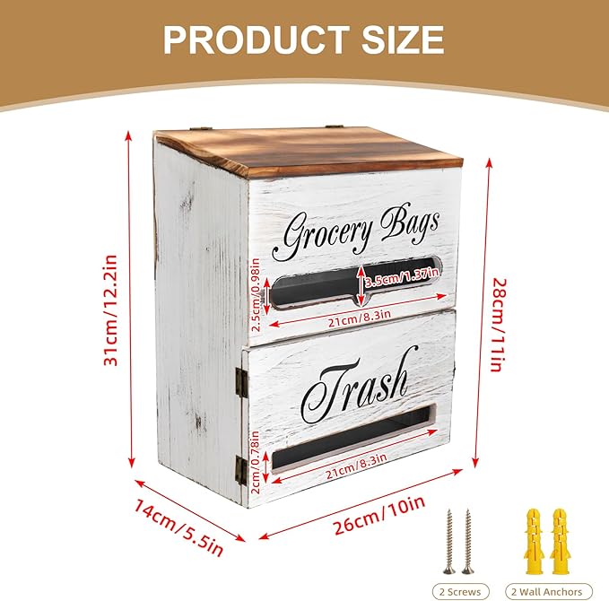 2 in 1 Trash Bag Dispenser, Double Wall Mounted,Wood Trash Bag Holder, used in kitchen, garage, laundry room, can store Environmentally friendly food bags (Vintage/Large(10inch*5.5inch*12.2inch）)