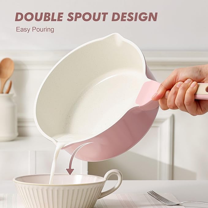 SENSARTE Ceramic Nonstick Saucepan with Double Pouring Spout 3.0 Quarts, Cooking Pot with Stay Cool Handle, Induction Compatible, Ceramic Coating, Free of Intentionally Added PFOA/PFAS, Pink