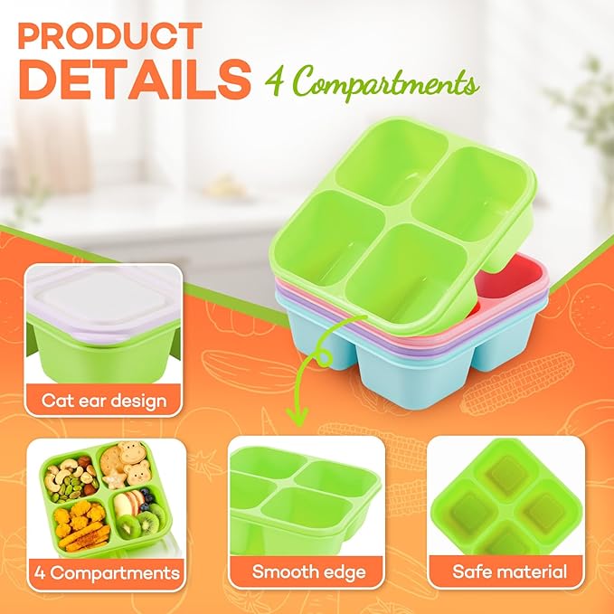 Bento Box Adult Lunch Box- 4 Pack,4 Compartment Snack Containers Reusable Meal Prep Stackable BPA-Free Lunch Containers for Home, Work, Travel (4 Color)