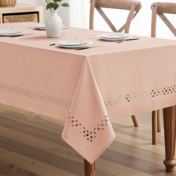 MIULEE Pink Rectangle Linen Polyester Tablecloth with Decorative Cutouts Spring Waterproof Stain Resistant & Shrink-Proof Table Cloth 60x84 inch Farmhouse Style for Dining Wedding and Outdoor