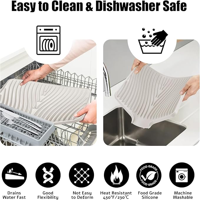 Silicone Dish Drying Mat, Stone Drying Mat for Kitchen Counter with Built-In Drain, Non-Slip Drain Pad with Built-in Drain, Heat Resistant Stone Drying Mat, 1Pcs 20" x 15", Cream