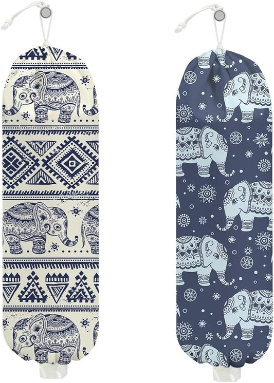 2 Pcs Vintage Elephant Plastic Bag Holder, Wall Mount Grocery Bag Holder for Plastic Bags, Heavy Duty Reusable Grocery Bags Organizer Storage Dispenser, Elephant Gifts for Women Mom Grandma