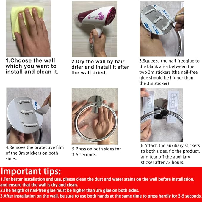 No Drilling 3M Self Adhesive Towel Ring with Extra Strong Nail-Free Glue, Stainless Steel Towel Holder, Bathroom and Kitchen Towel Rack (Brush Nickel)