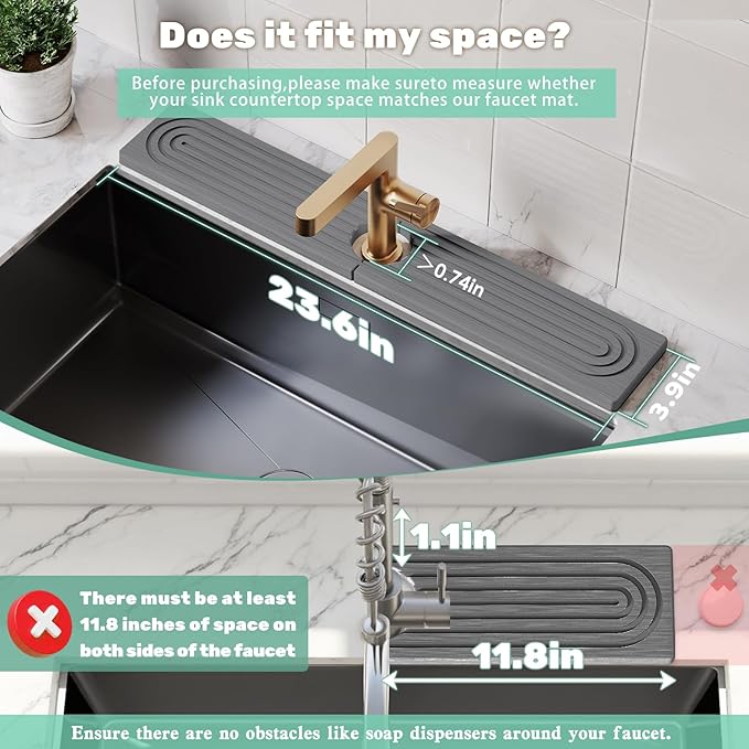 Stone Faucet Mat for Kitchen Sink, Diatomite Drying Stone Tray & Sink Protector, Water-Absorbing Splash Guard, Prevent Moisture on Kitchen & Bathroom Counter (Dark Gray,23.6" x 3.9")
