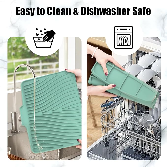 Silicone Dish Drying Mat for Kitchen Counter, Dish Drying Pad, Non-Slip Drain Pad with Built-in Drain, Heat Resistant Stone Drying Mat(16" x 12", Mint)