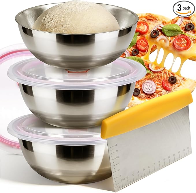 3 Pack Pizza Dough Proofing Container, 1300ML Stainless Steel Proofing Box with Clear Airtight Lid, Stackable Fermentation Storage for Dough Balls & Bread, Includes Cutter