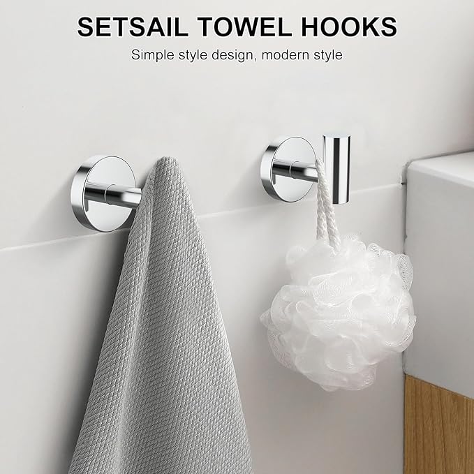 SetSail Towel Hooks for Bathrooms 4 Packs Screw-in Bathroom Towel Hook Wall Mounted Stainless Steel Shower Towel Hooks for Coat Hanging, Mirror Silver