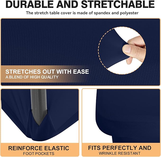 2 Pack 6 Feet Navy Spandex Tablecloth for Rectangular Tables, Fitted & Stretch, Washable, Wrinkle Resistant, Perfect for Event, Wedding, Party, Banquet, Cocktail, Festival, and Table Protector