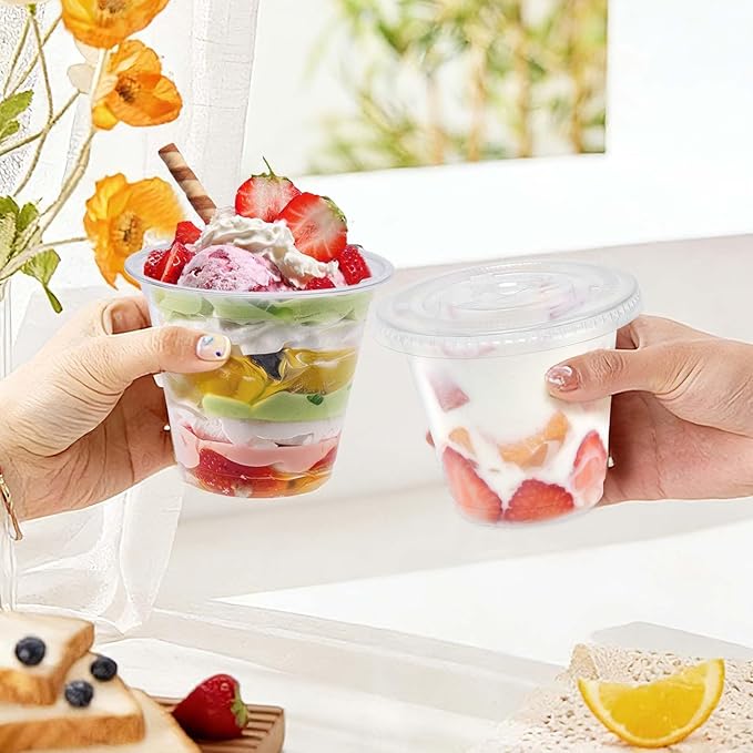 Clawsoff 50 Pack 9 oz Plastic Cups with Flat Lids, Clear Parfait Cups No Hole, Disposable Dessert Cup, Putting Cup for Cold Drink, Ice Cream, Fruit, Salad