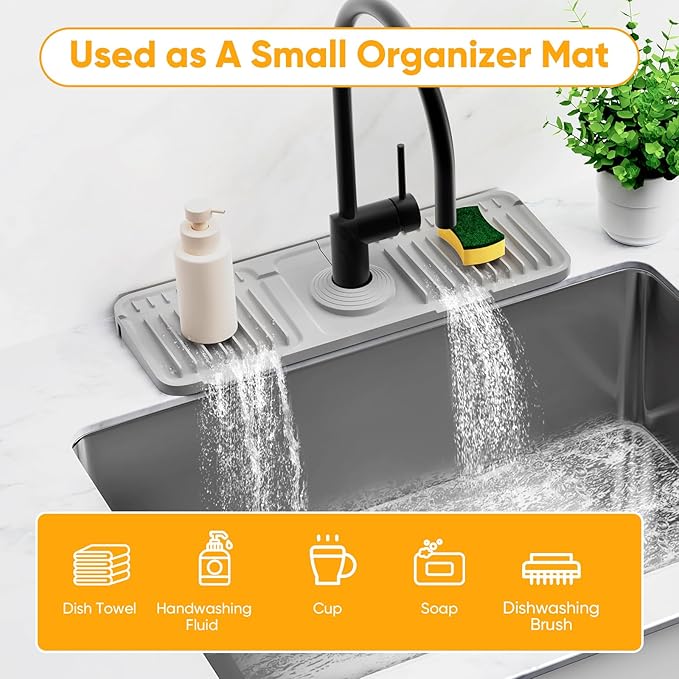14.6 inch Faucet Mat for Kitchen Sink Splash Guard[7° Slope Fast Self-draining][Snap Lock Fit]Kitchen Sink Faucet Mat Splash Guard Kitchen Sink Area Water Splash Guard Behind Faucet Draining Mat