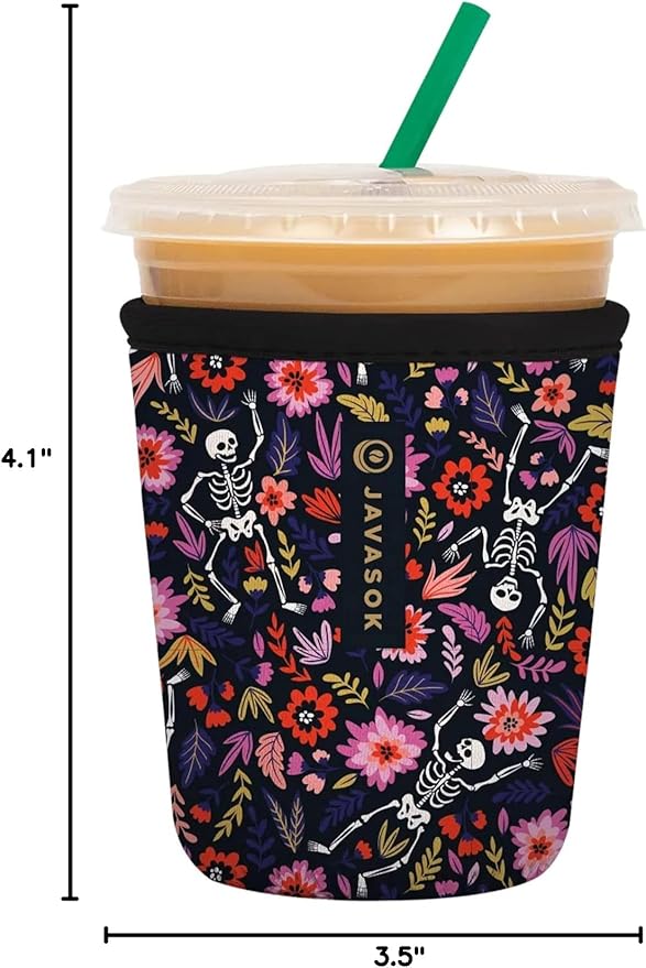 Sok It JavaSok Iced Coffee & Cold Soda Insulated Neoprene Cup Sleeve (Floral Skeleton, Small: 16-20oz)