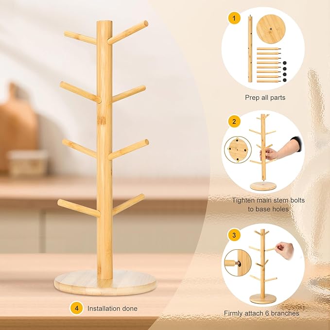 8 Hooks Large Capacity Mug Holder Tree, Bamboo Mugs Trees for Counter, Detachable Cup Stand Holders Coffee Bar Accessories