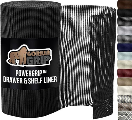 GORILLA GRIP powerGRIP Drawer Shelf and Cabinet Liner, Thick Strong Hold, Non-Adhesive Liners Protect Kitchen Cabinets and Cupboard, Bathroom Drawers, Easy Install, Breathable Mat, 24" x20', Black