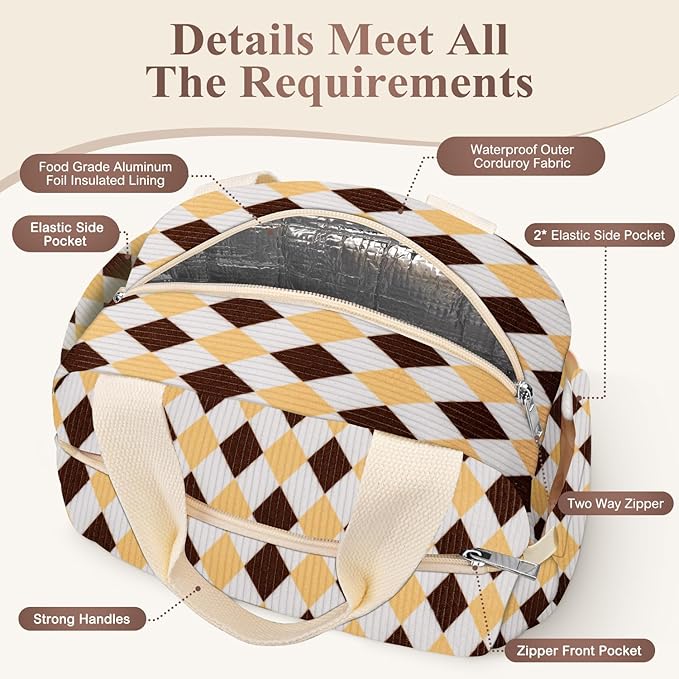 KUBYA Lunch Box for Women, Cute Corduroy Grid Insulated Lunch Bag Women Reusable Work Leakproof Simple Adults Large Lunch Boxes Tote Bag Men Cooler Bag