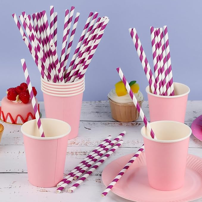 100 Packs Purple Biodegradable Striped Paper Straws, Disposable Drinking Straws for Birthday Carnival Summer Pool Party Wedding Baby Shower Halloween Christmas Party Decoration Supplies