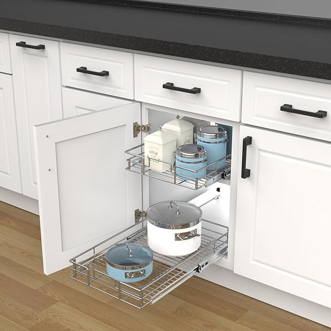 Pulloutor Pull Out Cabinet Organizer,Slide Out Kitchen Cabinet Storage Shelf and Drawer Organizer NEED 12" W and 22" D Cabinet, Chrome Finish (11 * 21 in)