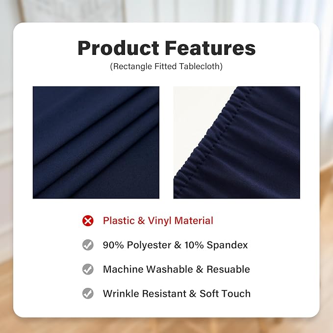 Fitted Rectangle Tablecloth 30 x 72 Inch Elastic Table Cloth for 6ft Table, Stretch Spandex Table Cover Navy Washable Polyester Table Top Cap Cover for Dining Picnic Camping Indoor and Outdoor