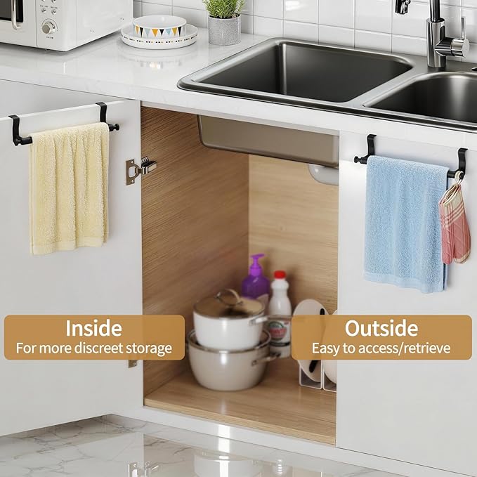 Over Cabinet Towel Holder, Stainless Steel Over The Cabinet Towel Rack Bars for Kitchen Cabinet Doors, Dish Towel Holder with Hooks, 2 Pack (Black)