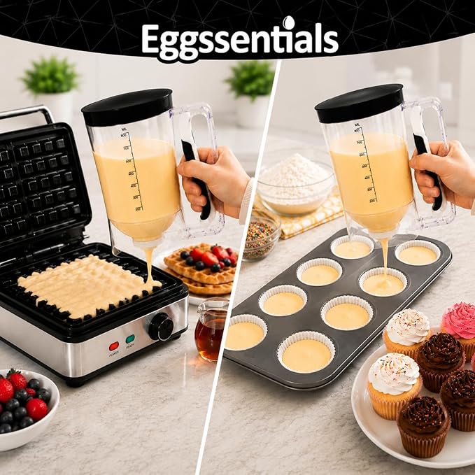 Eggssentials – Pancake Batter Dispenser, Batter dispenser with Squeeze Handle Mess-Free, Cupcakes, Waffles & More – Durable, Easy-Pour Pancake Dispenser Bottle for Smooth Baking