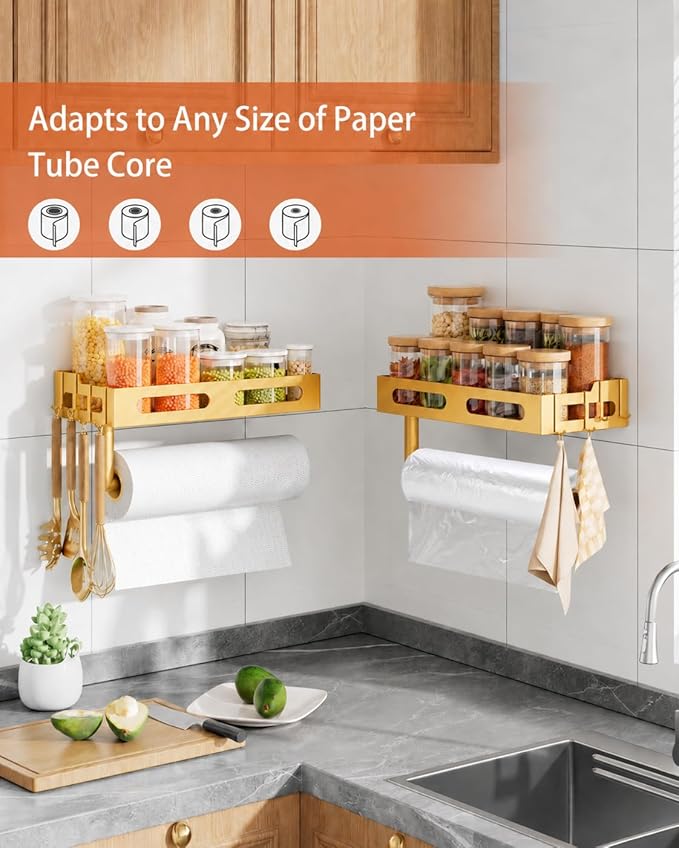 Paper Towel Holder Wall Mount with Shelf, Easy One Hand Tear, Adhesive Glue or Drill Mount Hanging Paper Towel Holder with Shelf for Kitchen/Bathroom/RV, Golden Metal, 4 Hooks