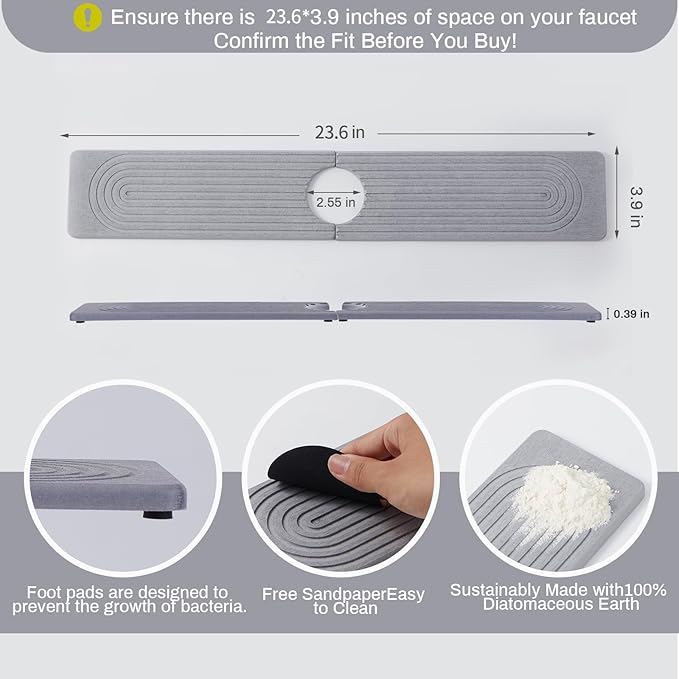 Stone Faucet Mat for Kitchen Sink，Super Absorbent Diatomite Fast Drying Stone and Bathroom Stone Tray for Counter Quick Drying Splash Guard,Prevents Moisture Buildup Sink(Grey,23.6" x 3.9")