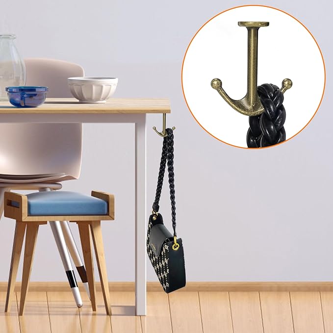Zinc Alloy Double Prong Ceiling Hooks, 4-Pack Under Shelf Coat Hooks Hanging Towel Robe Clothes Cap Bathroom Kitchen Cabinet Garage Use (Bronze)