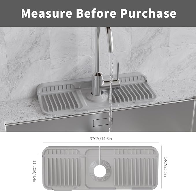 WAFT YEARN 14X5 Inch Silicone Durable Faucet Mat Kitchen Sink Splash Guard Draining Protector Tray Liner Absorbent Protective Counter Accessories For Sink Kitchen Bathroom Laundry Room Bar & RV Grey