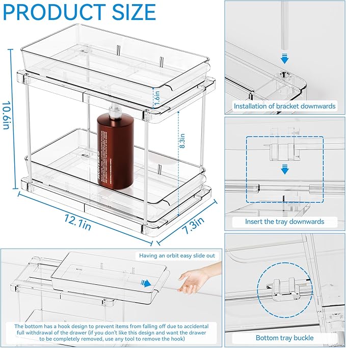 Yieach 2 Pack 2 Tier Pull Out Drawers for Medicine Cabinet Organizer,Bathroom Under Cabinet Storage,12.1″ Deep Pantry and Medicine Shelf Organizer for Toiletry Product,Vitamin Bottle and Supplement