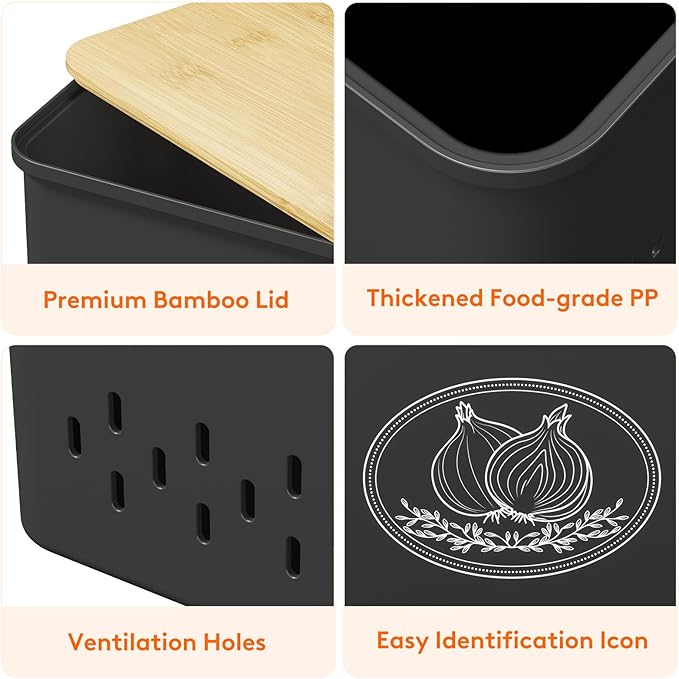 Lifewit Plastic Potato and Onion Storage Bin, Stackable Garlic Keeper with Aerating Holes and Lid, Vegetable Container Box for Pantry Countertop, Black, 24 x 18 x 24 cm/9.5 x 7 x 9.5 inch, Set of 2