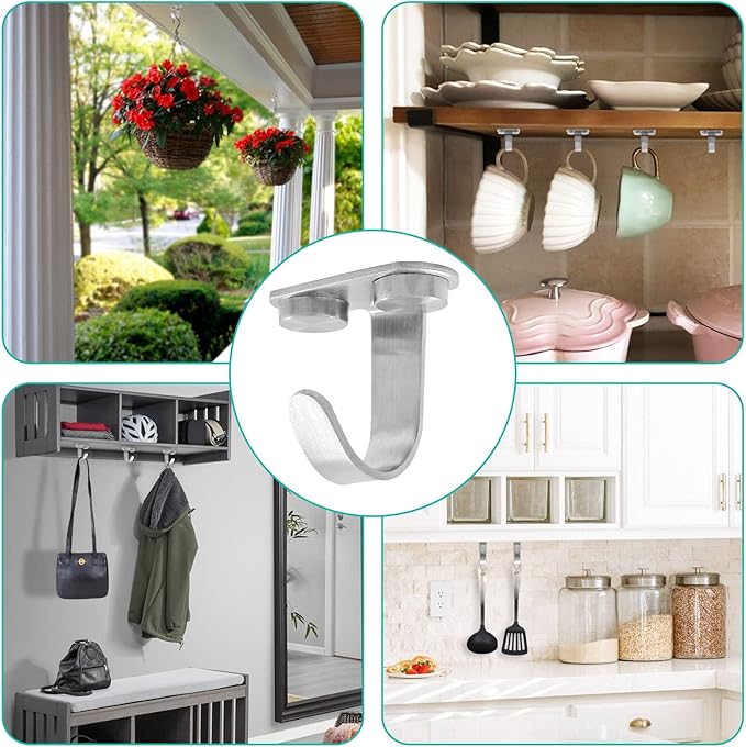 12Pcs Screw Mount Ceiling Hooks Stainless Steel Under-Shelf Towel Hook Heavy Duty Coat Hook Hanger for Kitchen, Cupboard, Cabinet, Bathroom (Brushed Nickel)