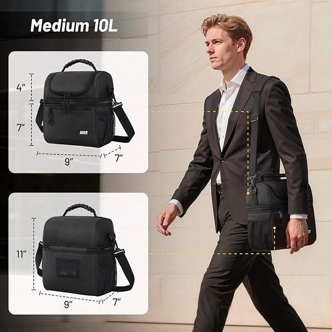 MIER Insulated Lunch Box Dual Compartment Lunch Bag Leakproof Cooler for Men Women Adult Work, Dark Grey, Medium (Upgraded Extra-Tall Bottom Layer)