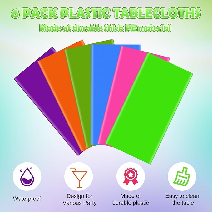 6 Pack Neon Table Cloths Party Decorations, Pink Orange Yellow Green Blue Purple Glow in The Dark Plastic Tablecloth, Disposable Rainbow Table Cover for Glow in Dark Neon Party Supplies Decorations