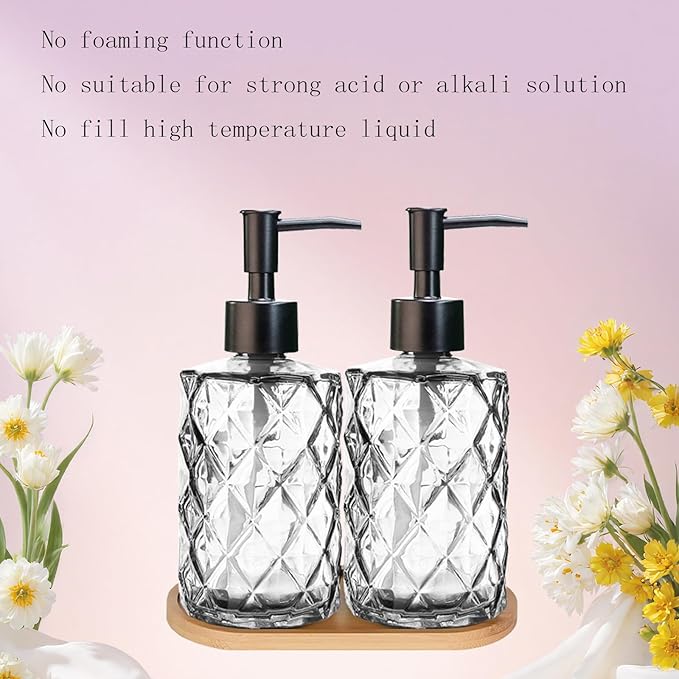 Glass Hand and Dish Soap Dispenser Set of 2 with Plastic Pumps, Bamboo Tray, 12oz Clear Bathroom Soap Dispenser with Diamond for Hand Wash & Dish Wash, Ideal for Bathroom Kitchen Countertop