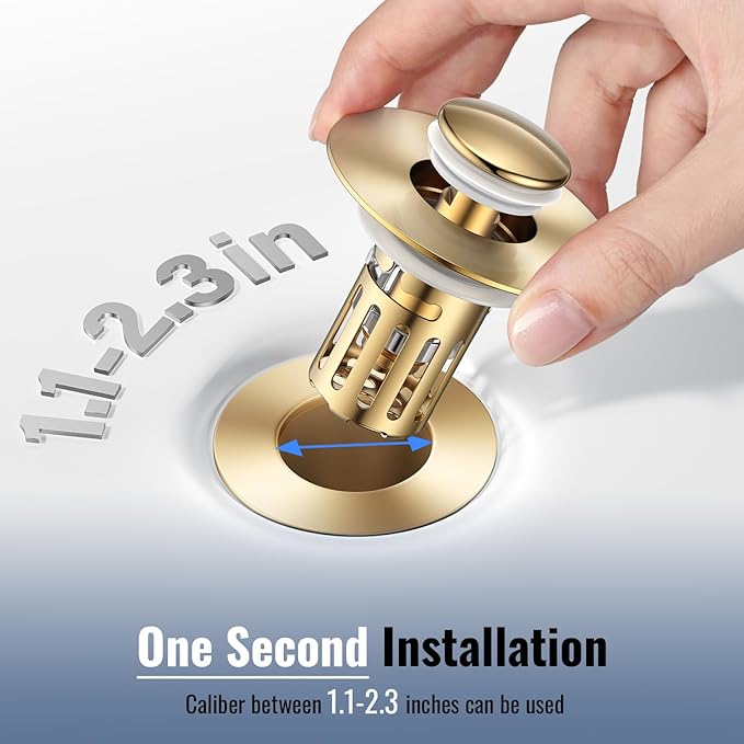 (2 Pc) Bathroom Sink Stopper-All Metal Sink Stopper-Universal Fit 99% Bathroom Stopper with Removable Stainless Steel Hair Catcher- Basin (1.1'' to 2.36'' inch) - Golden