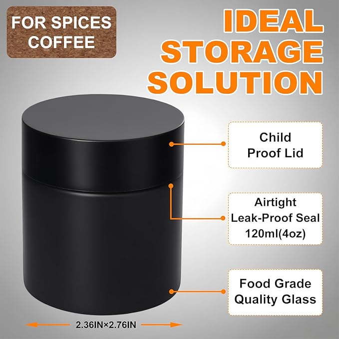 Smell Proof Jar(4 oz),4 Pack Air Tight Herb Container,Thick UV Resistant Jar with Child-Resistant Lid,Black Glass Storage Jars for Coffee/Herb/Tea