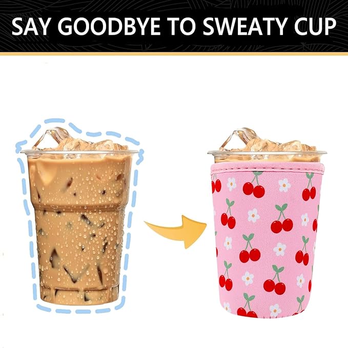 YR Reusable Neoprene Insulator Sleeve for Iced Coffee Cups, 3 Pack Coffee Coolies sleeves for Iced & Hot Drinks, Cold Beverage Cooler Compatible with Starbucks Coffee and More (Cute Cherry)